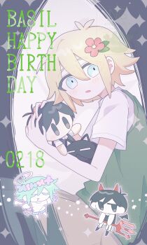 Rule 34 | 3boys, angel, angel wings, antenna hair, basil (faraway) (omori), basil (headspace) (omori), basil (omori), blonde hair, blue eyes, character doll, character name, closed eyes, collared shirt, colored skin, commentary request, dated, demon boy, demon horns, demon wings, doll, double-parted bangs, dual persona, flower, green hair, green sweater vest, hair between eyes, hair flower, hair ornament, halo, happy birthday, highres, holding, holding pitchfork, holding stuffed toy, horns, looking at viewer, male focus, mewo, multiple boys, omori, omori (omori), parted lips, pino ois1, pitchfork, shirt, short hair, sidelocks, stuffed animal, stuffed toy, sunny (omori), sweater vest, white shirt, white skin, wings