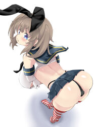 Rule 34 | 1girl, animal ears, ass, black panties, blue eyes, blush, breasts, cosplay, crop top, elbow gloves, fake animal ears, from above, from behind, gloves, hanging breasts, kantai collection, large breasts, leaning forward, light brown hair, looking back, medium hair, microskirt, midriff, minori (senran kagura), nagashima (nagatol), panties, rabbit ears, sailor collar, senran kagura, senran kagura shinovi versus, shimakaze (kancolle), shimakaze (kancolle) (cosplay), simple background, skirt, solo, striped clothes, striped thighhighs, thighhighs, twintails, underboob, underwear, whale tail (clothing), white background, white gloves