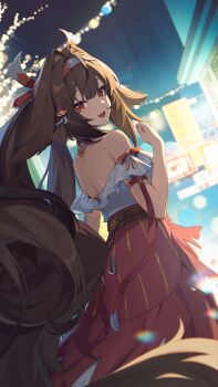 1girl animal_ears backless_dress backless_outfit bare_shoulders brown_hair brown_tail casual christmas_lights dress droopy_ears dutch_angle film_grain fox_ears fox_girl frills hair_ornament hairband highres long_hair long_skirt looking_at_viewer looking_back nail_polish official_alternate_costume official_art open_mouth skirt solo ye_shunguang ye_shunguang_(touch_of_dawnlight) zenless_zone_zero