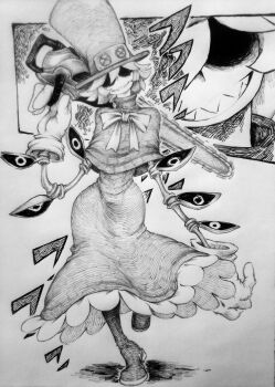 1girl absurdres aged_up chainsaw chronozbergh commentary cyborg dress english_commentary frilled_dress frills full_body gloves graphite_(medium) greyscale grin hat highres holding holding_weapon monochrome peacock_(skullgirls) shaded_face sharp_teeth skullgirls smile solo teeth top_hat traditional_media weapon wide_hips