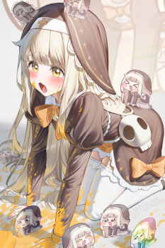black_coif black_veil blonde_hair bow coif commentary_request highres kiramarukou long_hair long_sleeves open_clothes pleading_eyes skull speaki_(trickcal) thighhighs trickcal veil yellow_eyes