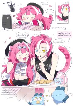 Rule 34 | ..., 2girls, :3, = =, ^ ^, absurdres, animal ears, arrow (symbol), ascot, asymmetrical bangs, beret, black hat, black nails, black tank top, black tube top, blue eyes, blue gem, blush, breasts, chattino (raora panthera), chibi, cleavage, closed eyes, coffee, commentary, computer keyboard, cowboy shot, cracker, cropped legs, cup, dolphin shorts, double-parted bangs, english commentary, english text, fangs, finger to mouth, flying sweatdrops, food, gem, goggles, goggles on head, hair intakes, hat, heart, heterochromia, highres, holding, holding tray, hololive, hololive english, index finger raised, jacket, livestream, long hair, looking at another, makoto shih, medium breasts, microphone, monitor, mug, multicolored hair, multiple girls, multiple views, nail polish, open mouth, panther ears, panther girl, panther tail, parted bangs, petting, pink hair, pink shorts, raora panthera, raora panthera (1st costume), short hair, shorts, shushing, siblings, simple background, sisters, sitting, sleeveless, small breasts, smile, sorellina panthera, sparkling eyes, spoken ellipsis, standing, strapless, tail, tank top, tray, tube top, two-tone hair, virtual youtuber, white ascot, white background, white hair, white jacket, yellow eyes