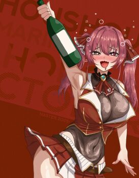 1girl alcohol blush bottle breasts cleavage drooling drunk hair_ribbon highres hololive houshou_marine large_breasts leotard long_hair looking_at_viewer nasterro open_mouth red_eyes red_hair ribbon skirt smile solo virtual_youtuber yellow_eyes