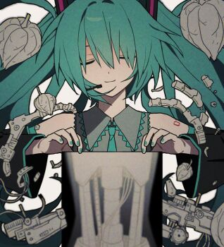 1girl 4mm0e1 bare_shoulders between_breasts breasts closed_eyes closed_mouth commentary_request green_hair green_nails green_necktie hatsune_miku long_hair nail_polish necktie necktie_between_breasts otome_kaibou_(vocaloid) robot shoulder_tattoo sidelocks smile solo tattoo twintails vocaloid x-ray