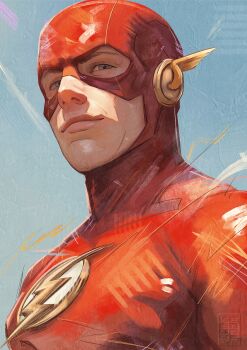 1boy absurdres blue_eyes bodysuit commentary dc_comics english_commentary highres keanurye male_focus mask mask_on_head red_bodysuit solo superhero_costume the_flash the_flash_(series) upper_body
