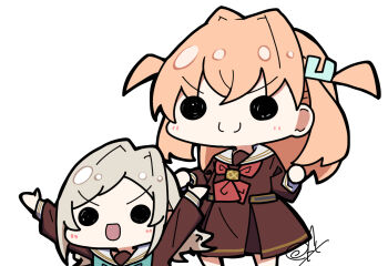 Rule 34 | >:), 2girls, :d, aqua neckerchief, arms up, blush, brown dress, c:, ceras yanagida lilienfeld, chibi, chibi only, clenched hands, closed mouth, commentary request, dress, hands up, hasu no sora school uniform, highres, hinoshita kaho, link! like! love live!, long sleeves, love live!, medium dress, multiple girls, neckerchief, oofushi ao, open mouth, pleated dress, red neckerchief, sailor collar, sailor dress, school uniform, signature, simple background, smile, solid circle eyes, split mouth, standing, v-shaped eyebrows, virtual youtuber, white background, white sailor collar, winter uniform