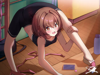 1girl bag bike_shorts black_bag black_shorts black_sports_bra brown_eyes brown_hair cellphone commission contortion contortiong flexible gymnastics highres holding_own_leg hot_water_bottle open_mouth original oversplit phone pixiv_commission short_hair shorts shoulder_bag smartphone split sports_bra spread_legs