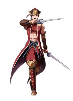 1boy abs absurdres armor armored_boots bare_shoulders belt blue_belt boots brown_eyes brown_hair chinese_armor chinese_clothes coat crop_top detached_sleeves dual_wielding full_body gold_trim hat highres holding holding_sword holding_weapon igusaharu long_coat lu_xun_(shin_sangoku_musou) male_focus midriff open_mouth pants parted_bangs red_coat red_pants red_shirt shin_guards shin_sangoku_musou shin_sangoku_musou_5 shirt short_hair solo sword twitter_username weapon white_background