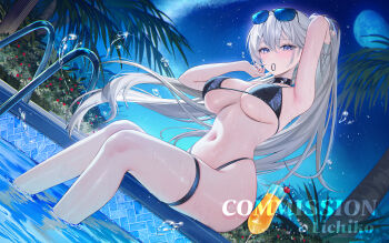 1girl arm_up armpits bare_arms bikini black_bikini black_choker blue_sky breasts bush choker commentary cup english_commentary eyewear_on_head flower grey_hair hair_tie_in_mouth highres lichiko long_hair looking_at_viewer medium_breasts milky_way moon mouth_hold navel night original outdoors palm_tree pool pool_ladder poolside purple_eyes sitting sky solo star_(sky) sunglasses swimsuit thigh_strap thighs tree underboob very_long_hair water_drop wet