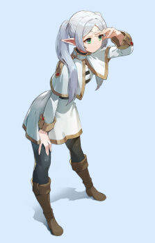 Rule 34 | 1girl, arm up, belt, black belt, black pantyhose, blue background, boots, brown boots, capelet, coon, elf, frieren, gold trim, green eyes, hand on own thigh, high collar, highres, jacket, leaning, leaning forward, looking afar, medium hair, pantyhose, parted bangs, pointy ears, shadow, shirt, simple background, skirt, skirt set, solo, sousou no frieren, striped clothes, striped shirt, thick eyebrows, twintails, white capelet, white hair, white jacket, white shirt, white skirt