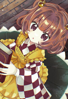 Rule 34 | 1girl, :o, apron, bell, black eyes, black skirt, book, brown hair, checkered clothes, checkered kimono, clothes writing, commentary request, frilled apron, frills, from above, hair bell, hair ornament, highres, holding, holding book, japanese clothes, katsuragi atori, kimono, light blush, light particles, long sleeves, looking at viewer, looking up, motoori kosuzu, parted lips, short hair, skirt, solo, standing, touhou, wide sleeves, wooden floor, yellow apron