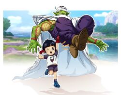 Rule 34 | 1boy, 1girl, arm up, black eyes, black hair, black shorts, blush stickers, cape, carrying, child, colored skin, dougi, dragon ball, dragon ball super, dragon ball super super hero, fingerless gloves, flexing, full body, gloves, green skin, highres, lake, nature, one eye closed, outdoors, pan (dragon ball), pants, pea-bean, piccolo, piccolo day, pointy ears, purple pants, purple shirt, red gloves, shirt, shorts, tree, white cape, white shirt