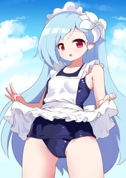 1girl apron apron_lift benya_(tales_weaver) blue_hair blue_one-piece_swimsuit breasts clothes_lift cloud commentary_request commission cowboy_shot flower frilled_apron frills hair_flower hair_ornament highres kurosaki_kousuke long_hair looking_at_viewer old_school_swimsuit one-piece_swimsuit open_mouth red_eyes school_swimsuit skeb_commission sky small_breasts solo swimsuit tales_weaver very_long_hair white_apron white_flower