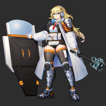1girl absurdres animal_ears ballistic_shield baton_(weapon) bear_ears beetee black_thighhighs blonde_hair blue_eyes boots braid breasts electricity electro_shock_prod electroshock_weapon gloves grey_background hair_between_eyes headphones highres less-than-lethal_weapon long_hair original shield simple_background single_braid smile solo stun_baton thighhighs weapon white_gloves