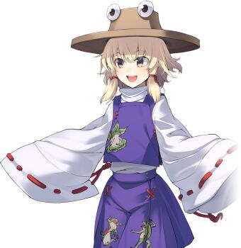 1girl animal_print artist_request blonde_hair brown_hat frog_print game_cg groin hair_ribbon hat labyrinth_of_touhou_(series) labyrinth_of_touhou_2 long_sleeves medium_hair moriya_suwako official_art open_mouth purple_skirt purple_vest red_ribbon ribbon ribbon-trimmed_skirt ribbon_trim skirt skirt_set sleeves_past_fingers sleeves_past_wrists smile solo third-party_source touhou transparent_background tress_ribbon vest wide_sleeves yellow_eyes
