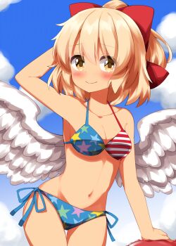 1girl arm_behind_head bikini blonde_hair blue_bikini blush bow breasts cleavage closed_mouth collarbone commentary_request cowboy_shot day feathered_wings gengetsu_(touhou) hair_bow halterneck highres looking_at_viewer medium_breasts navel outdoors print_bikini red_bikini red_bow ruu_(tksymkw) short_hair side-tie_bikini_bottom smile solo star_(symbol) star_print star_print_bikini stomach striped_bikini striped_clothes swimsuit tan touhou touhou_(pc-98) white_wings wings yellow_eyes