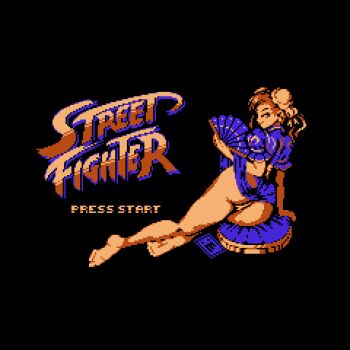 1girl arm_support ass bare_legs barefoot black_background bun_cover capcom china_dress chinese_clothes chun-li copyright_name double_bun dress english_text folding_fan from_behind hair_bun hand_fan highres holding holding_fan limited_palette looking_back mykar pixel_art short_sleeves simple_background sitting solo street_fighter