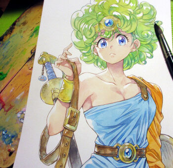 1girl agahari aqua_shirt art_brush art_tools_in_frame asymmetrical_clothes belt belt_buckle blue_eyes bracer breasts brown_belt buckle character_charm charm_(object) circlet cleavage closed_mouth collarbone commentary_request curly_hair detached_sleeves dragon_quest dragon_quest_iv earrings gold_circlet green_eyes heroine_(dq4) holding holding_belt holding_shield jewelry looking_at_viewer medium_breasts orange_sleeves paintbrush painting_(medium) photo_(medium) shield shirt short_hair single_bare_shoulder single_sleeve single_strap slime_(dragon_quest) solo sword traditional_media upper_body weapon weapon_charm