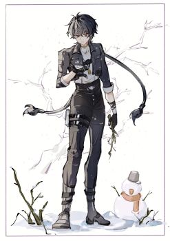 1boy absurdres black_gloves black_hair black_jacket black_pants branch chinese_commentary collared_jacket commentary_request full_body gloves grey_shirt hair_between_eyes hand_up highres holding holding_branch jacket looking_at_hand male_focus male_rover_(wuthering_waves) mijiu163 open_clothes open_jacket pants pouch rover_(wuthering_waves) shirt sleeves_rolled_up snowman solo standing thigh_pouch wuthering_waves yellow_eyes