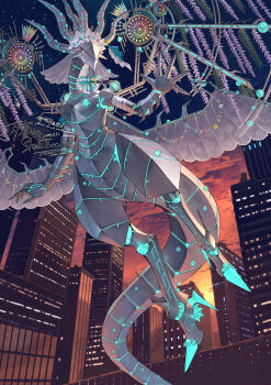 absurdres aqua_bow aqua_bowtie bow bowtie building commentary_request commission dated dragon highres horns multiple_horns night no_humans original purple_eyes skeb_commission skyscraper striped_bow striped_bowtie striped_clothes sumosamo tail white_bow white_bowtie wings