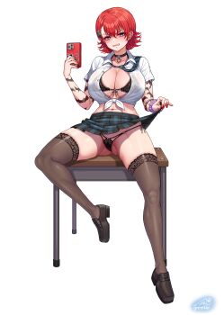1girl angry black_bra black_choker black_panties black_thighhighs blue_necktie blush body_markings bra breasts choker clothes_lift commentary_request front-tie_bra full_body gonster hair_ornament hairclip highres holding holding_phone janghwa_(last_origin) large_breasts last_origin looking_at_viewer midriff miniskirt mole mole_under_eye multiple_moles nail_polish navel necktie panties phone plaid_clothes plaid_skirt pleated_skirt red_hair red_nails shirt short_hair short_sleeves side-tie_panties simple_background sitting skirt skirt_lift solo spread_legs thighhighs tied_shirt underwear white_background white_shirt