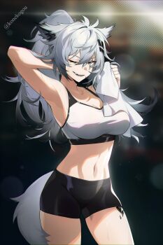 1girl animal_ears arknights breasts cleavage highres konekogou large_breasts navel one_eye_closed short_shorts shorts smile sports_bra sweat sweatdrop tagme tail wink