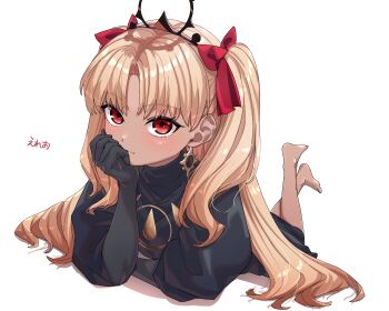 1girl absurdres barefoot black_dress black_gloves blonde_hair blush breasts commentary_request dark-skinned_female dark_skin dress earrings ereshkigal_(fate) ereshkigal_alter_(fate) fate/grand_order fate_(series) gloves highres hoop_earrings jewelry long_hair long_sleeves looking_at_viewer lying medium_breasts niwaikanai on_stomach parted_bangs red_eyes solo tan tiara two_side_up