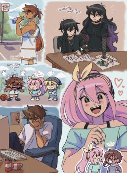 3girls 4boys alternate_costume alternate_hairstyle alternate_universe anger_vein antenna_hair arrow_(symbol) artist_name aubrey_(faraway)_(omori) aubrey_(omori) ball basil_(faraway)_(omori) basil_(omori) basketball_(object) basketball_court basketball_hoop basketball_jersey black-framed_eyewear black_eyes black_hair black_nails black_shirt blonde_hair blue_eyes blue_nails blue_shirt blush_stickers bottle breasts brother_and_sister brothers brown_eyes brown_hair can chibi closed_mouth computer ear_piercing emori_(shrimperini) english_text face_piercing gradient_hair hairband heart hero_(faraway)_(omori) hero_(omori) highres holding holding_ball holding_bottle index_finger_raised jewelry kel_(faraway)_(omori) kel_(omori) kim_(omori) lip_piercing long_hair looking_at_viewer mari_(faraway)_(omori) mari_(omori) multicolored_hair multiple_boys multiple_girls necklace off-shoulder_shirt off_shoulder omori open_mouth piercing pink_hair ponytail purple_hair rectangular_eyewear red-framed_eyewear roots_(hair) semi-rimless_eyewear shirt short_hair short_ponytail short_sleeves shrimperini siblings small_breasts something_(omori) speech_bubble sunny_(omori) sweat t-shirt teeth thought_bubble two-tone_hair under-rim_eyewear upper_teeth_only water_bottle white_shirt yellow_hairband