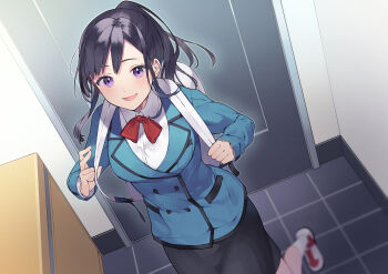 1girl absurdres backpack bag black_skirt blue_jacket blush breasts ceiling_light collared_shirt doorway highres hiyo_kiki jacket large_breasts looking_at_viewer medium_hair neck_ribbon official_art ponytail purple_eyes purple_hair red_ribbon ribbon school_bag school_uniform second-party_source shirt shoes skirt sneakers solo solo_leveling sung_jin-ah white_bag white_shirt white_shoes