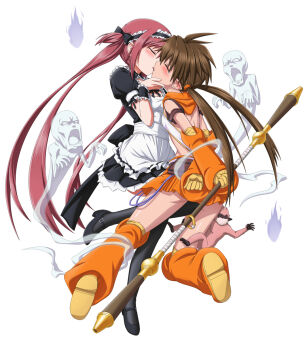 2girls airi_(queen's_blade) airi_(queen's_blade) airi_(the_infernal_temptress) apron bdsm black_legwear blush bondage bound bow brown_hair closed_eyes elf forest_keeper_nowa french_kiss frills ghost hair_bow highres hobby_japan kiss long_hair maid maid_apron maid_headdress monkey multiple_girls nowa_(queen's_blade) nowa_(queen's_blade) pointy_ears queen's_blade queen's_blade_lost_worlds red_hair restrained ruu_(queen's_blade) shirosame skirt staff tears thighhighs twintails yuri