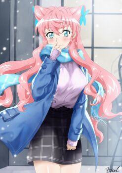 1girl black_skirt blue_coat blue_eyes blue_scarf breasts butterfly_hair_ornament closed_mouth coat double-parted_bangs floating_scarf hair_between_eyes hair_ornament hair_wings highres large_breasts long_hair looking_at_viewer maria_cadenzavna_eve maria_desirer open_clothes open_coat outdoors pink_hair scarf senki_zesshou_symphogear sidelocks signature skirt smile snow snowing solo tearing_up upper_body