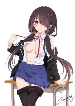 black_hair breasts brown_hair date_a_live highres long_hair medium_breasts red_eyes school_uniform spleeny thighhighs tokisaki_kurumi twintails very_long_hair