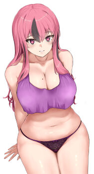 1girl absurdres arm_support arms_behind_back azur_lane bare_shoulders black_panties breasts bremerton_(azur_lane) bremerton_(relaxation_consultation)_(azur_lane) cleavage collarbone commentary_request cowboy_shot crop_top crop_top_overhang grey_hair hair_between_eyes hair_down highres large_breasts long_hair looking_at_viewer mole mole_on_breast mole_under_eye multicolored_hair navel official_alternate_costume official_alternate_hairstyle ojisan_f panties partial_commentary pink_eyes pink_hair purple_tank_top sidelocks simple_background sitting skindentation solo stomach streaked_hair tank_top teeth two-tone_hair underwear white_background