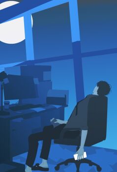 1boy black_hair black_shirt collared_shirt commentary_request computer desk faceless food full_body highres holding holding_food holding_phone indoors kim_dokja leaning_back male_focus moon necktie night office omniscient_reader's_viewpoint phone shirt short_hair sitting solo tix_0314