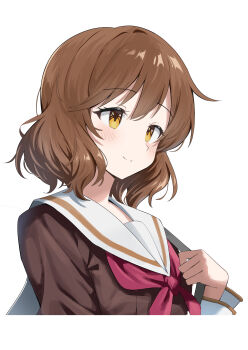 Rule 34 | 1girl, absurdres, blush, brown hair, brown shirt, closed mouth, commentary request, hibike! euphonium, highres, long sleeves, neckerchief, oumae kumiko, red neckerchief, sailor collar, school uniform, serafuku, shirt, short hair, simple background, smile, solo, white background, white sailor collar, yellow eyes, yuu (shampoohatslime)