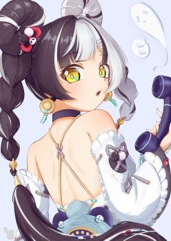 1girl absurdres backless_dress backless_outfit bare_shoulders black_hair braid candalahina detached_sleeves dialyn_(zenless_zone_zero) dress earrings highres jewelry looking_at_viewer multicolored_hair open_mouth phone solo split-color_hair twin_braids white_dress white_hair yellow_eyes zenless_zone_zero