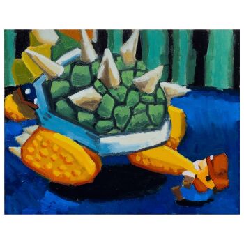 2boys absurdres armlet artistryker blue_background blue_overalls boots bowser brown_boots brown_hair claws colored_skin faceless facing_away green_skin hat highres holding_another&#039;s_tail horns jewelry lizard_tail looking_at_another mario mario_(series) multiple_boys nintendo oil_painting_(medium) overalls painting_(medium) red_hair red_hat red_shirt reptile_boy scene_reference shirt spiked_armlet spiked_shell super_mario_64 tail throwing throwing_person traditional_media turtle_shell yellow_skin