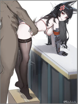 1boy 1girl alternate_costume anger_vein angry animal_ear_fluff animal_ears artist_name bent_over bikini bikini_pull black_hair black_thighhighs border box breasts cardboard_box clenched_teeth clothes_pull cum cum_overflow dark-skinned_male dark_skin from_side grey_border hands_on_another&#039;s_waist hetero horizontal-striped_bikini hoshimi_miyabi interracial large_breasts long_hair looking_at_viewer looking_to_the_side mechanical_arms multicolored_bikini natatheknife nipples no_shoes on_box red_bikini red_eyes sex sex_from_behind side-tie_bikini_bottom simple_background single_mechanical_arm size_difference standing standing_on_box standing_sex striped_bikini striped_clothes swimsuit table teeth thighhighs tiptoes turning_head unfinished white_background white_bikini wolf_ears zenless_zone_zero