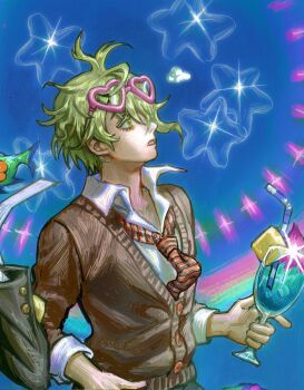 1boy amami_rantaro antenna_hair black_necktie blue_background brown_jacket danganronpa_(series) danganronpa_v3:_killing_harmony green_hair hasu_(kirajellysoup) heart heart-shaped_eyewear highres holding jacket long_sleeves male_focus necktie official_alternate_costume red_necktie short_hair solo striped_necktie symbol-shaped_pupils teeth