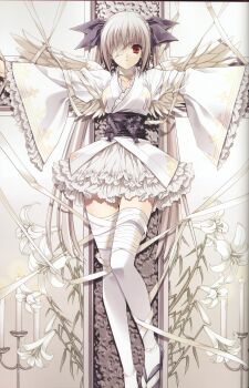 1girl absurdres albino angel angel_wings bandage_over_one_eye bandages cross crucifixion dress eyepatch female_focus flower high_heels highres japanese_clothes lolita_fashion long_hair obi red_eyes reference_work sandals sash scan shoes short_hair silver_hair skirt solo suzuhira_hiro thighhighs wa_lolita white_thighhighs wings
