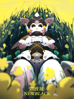 Rule 34 | 1girl, absurdres, aria (zenless zone zero), black sclera, blurry, blurry foreground, closed mouth, colored sclera, commentary request, cowboy shot, flower, grass, highres, humanoid robot, interlocked fingers, lying, on back, outdoors, own hands together, robot, robot girl, solo, twthxqw, yellow flower, zenless zone zero