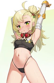 1girl arm_up armpits blonde_hair blush breasts gloves goggles goggles_around_neck green_eyes highleg highleg_panties highres loli long_hair looking_at_viewer luxuriou_s navel orange_gloves panties piper_wheel small_breasts solo standing stomach sweat thighs underwear zenless_zone_zero