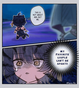 2girls black_bow blurry blurry_background blurry_foreground bow chibi chibi_only commentary english_commentary english_text female_rover_(wuthering_waves) game_screenshot_background hair_bow holding kyrus_hiki long_hair low_ponytail multiple_girls ponytail rover_(wuthering_waves) screenshot_background twitter_username wuthering_waves yellow_eyes