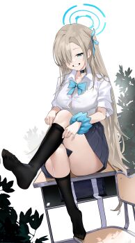 1girl absurdres adjusting_clothes adjusting_legwear asuna_(blue_archive) asuna_(school_uniform)_(blue_archive) bag black_skirt black_socks blonde_hair blue_archive blue_bow blue_bowtie blue_eyes blue_halo bow bowtie breasts button_gap chair choker collarbone commentary_request crossed_legs desk grin hair_over_one_eye halo highres large_breasts leaf long_hair looking_down official_alternate_costume on_desk pleated_skirt school_bag scrunchie shirt sitting skirt sleeves_rolled_up smile socks solo thick_thighs thighs very_long_hair weeyi white_shirt wrist_scrunchie