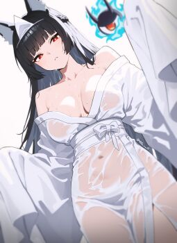 1girl absurdres animal_ear_fluff animal_ears black_hair blunt_bangs braid breasts breasts_apart collarbone commentary fox_ears fox_girl from_below grey_background half_up_braid halloween_costume hands_up highres hoshimi_miyabi large_breasts long_hair long_sleeves looking_at_viewer looking_down navel nvl off_shoulder parted_lips red_eyes robe simple_background solo tailless_(zenless_zone_zero) wet white_robe zenless_zone_zero