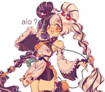 1girl :d braid chinese_clothes commentary detached_sleeves dialyn_(zenless_zone_zero) english_commentary english_text gloves hair_ornament highres multicolored_hair open_mouth panda_hair_ornament papertrlck partially_fingerless_gloves phone shorts smile split-color_hair teeth twin_braids upper_teeth_only white_background wire yellow_eyes zenless_zone_zero