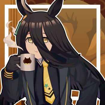 1girl absurdres animal_ears animal_print black_choker black_gloves black_hair black_shirt cat_print choker coat contrast_collar cup ear_ornament ear_tag earrings frostto gloves hair_between_eyes highres holding holding_cup horse_ears horse_girl jewelry long_bangs long_hair long_hair_between_eyes long_sleeves manhattan_cafe_(umamusume) mug open_clothes open_coat parted_lips shirt single_earring solo steam umamusume very_long_hair yellow_eyes
