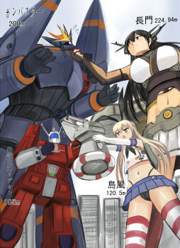 &gt;:&lt; &gt;:( 10s 2girls :&lt; black_hair black_panties blonde_hair building closed_mouth crop_top crop_top_overhang crossover densetsu_kyojin_ideon elbow_gloves flying_sweatdrops from_below frown giant giantess gloves gunbuster hairband headgear height_difference highleg highleg_panties highres ideon kantai_collection long_hair mecha midriff multiple_girls nagato_(kancolle) navel panties red_eyes rensouhou-chan robot shimakaze_(kancolle) shiny_skin skirt striped_clothes striped_legwear striped_thighhighs super_robot thighhighs top_wo_nerae! top_wo_nerae!_(series) triangle_mouth underwear v-shaped_eyebrows white_gloves y.ssanoha