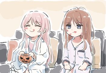 2girls bang_dream! bang_dream!_it&#039;s_mygo!!!!! bite_mark bite_mark_on_face brown_hair chihaya_anon closed_eyes highres lipstick_mark long_hair lyy multiple_girls nagasaki_soyo pajamas pink_hair smile trick_or_treat yuri