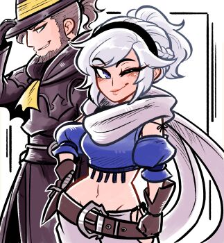 1boy 1girl absurdres adelle_ein ascot beard belt blue_eyes bravely_default_(series) bravely_default_ii brown_belt brown_gloves chinstrap_beard coat connected_beard crop_top elvis_lesley gloves grey_hair hand_on_own_hip hat_tip highres mature_male one_eye_closed ponytail scarf scruffyturtles smirk white_hair white_scarf yellow_ascot